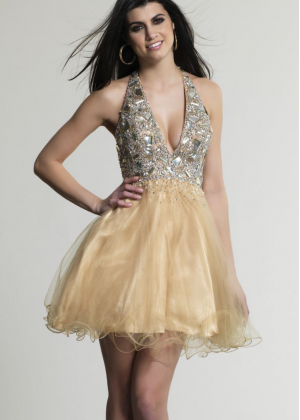 Halter Neck Beaded Champagne Tulle Short Prom Dress